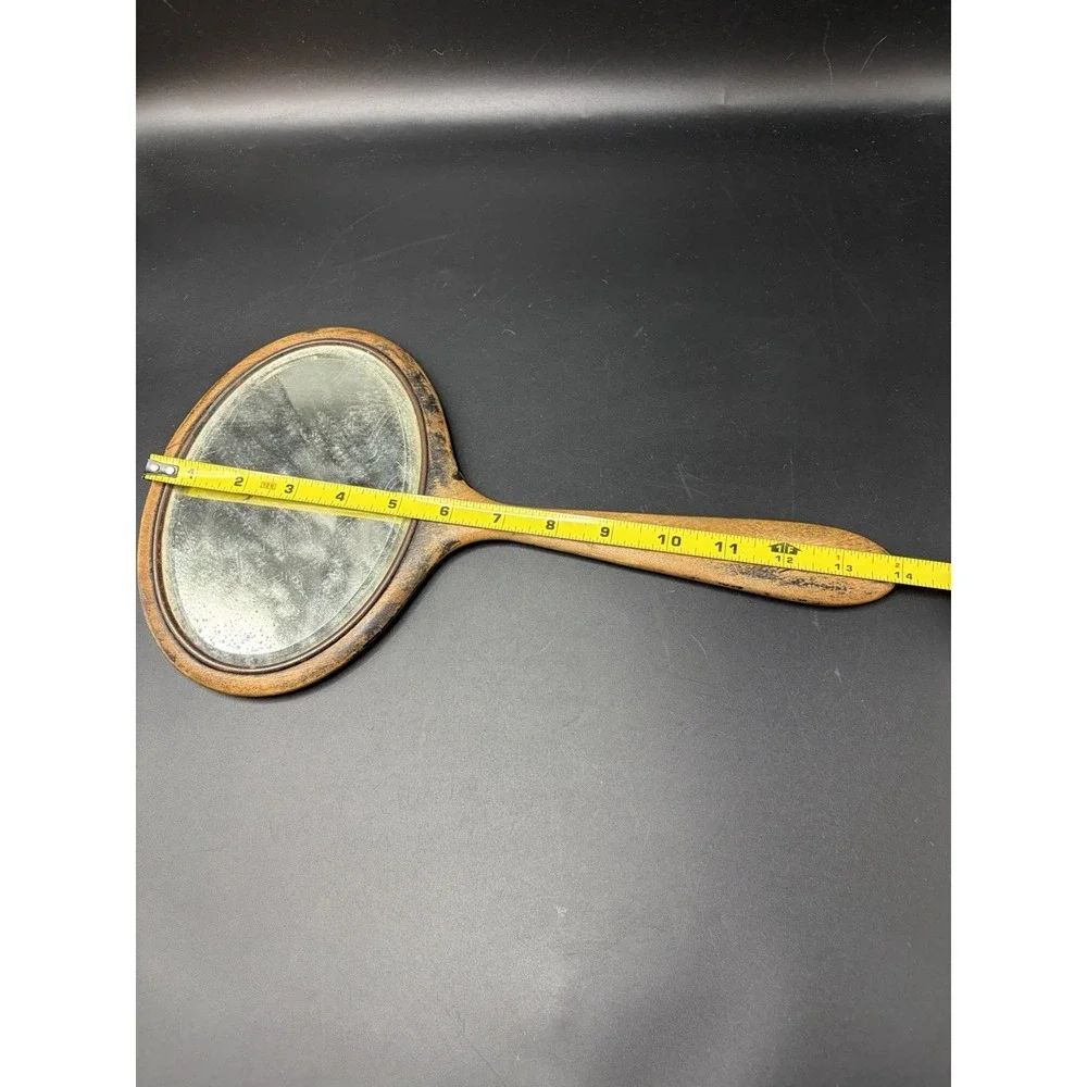 Vintage Hand Held Wooden Oval  Beveled Rustic Primitive Vanity Mirror